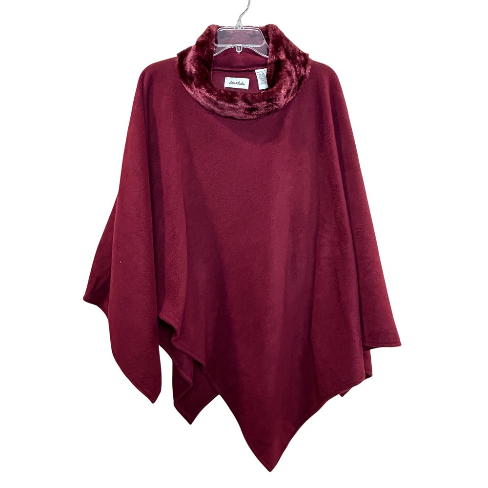 Le Moda Poncho Womens One Size Burgundy Faux Fur Trim Fleece Asymmetrical Wrap